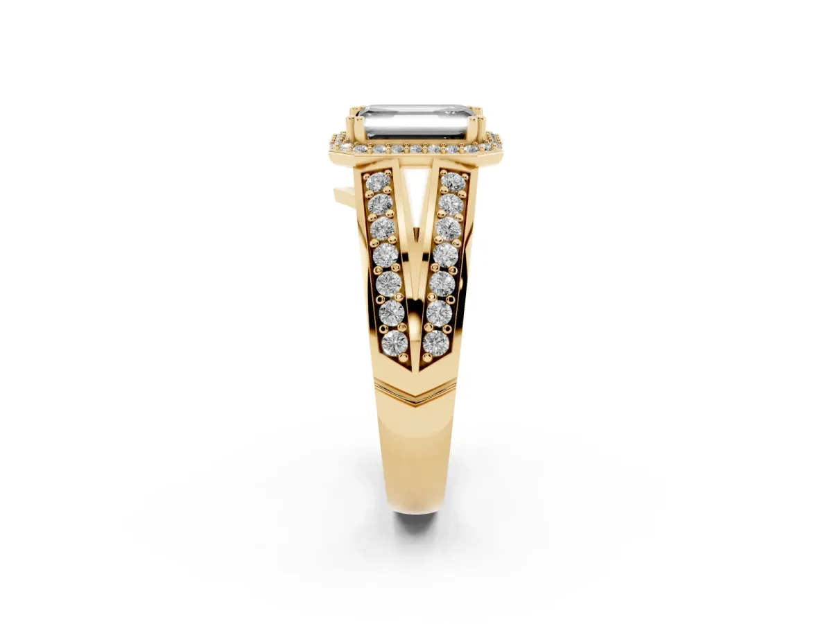 Fancy Black Emerald Cut Diamond Halo Ring with Split Shank Pavé Band and Four-Prong Setting Yellow gold