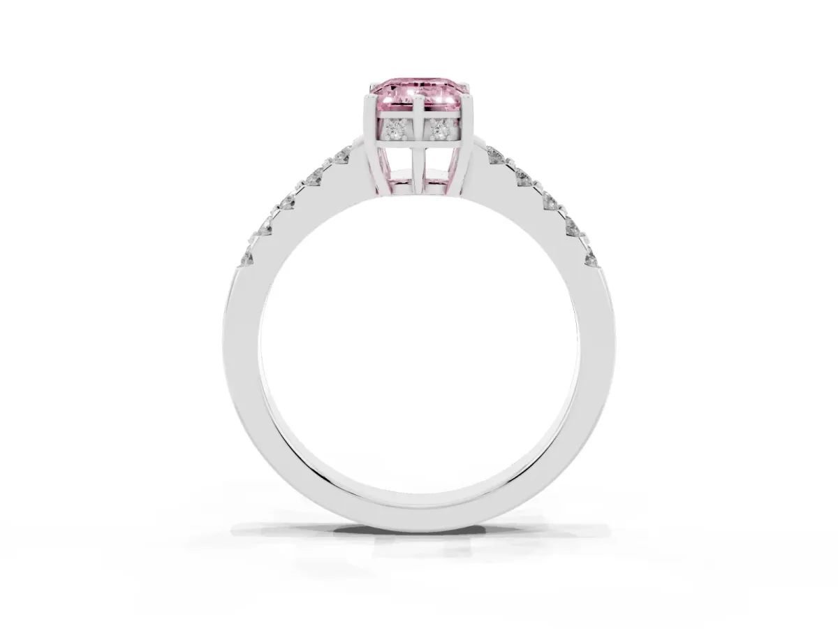 Fancy Pink Emerald Cut Solitaire Diamond Engagement Ring with Pavé Band and Six-Prong Setting Platinum