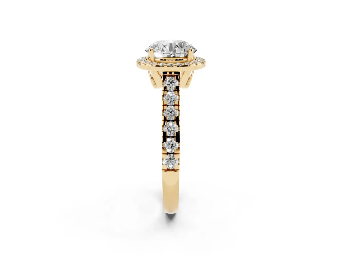 Round Cut Halo Pavé Diamond Engagement Ring with Four-Prong Setting Yellow gold