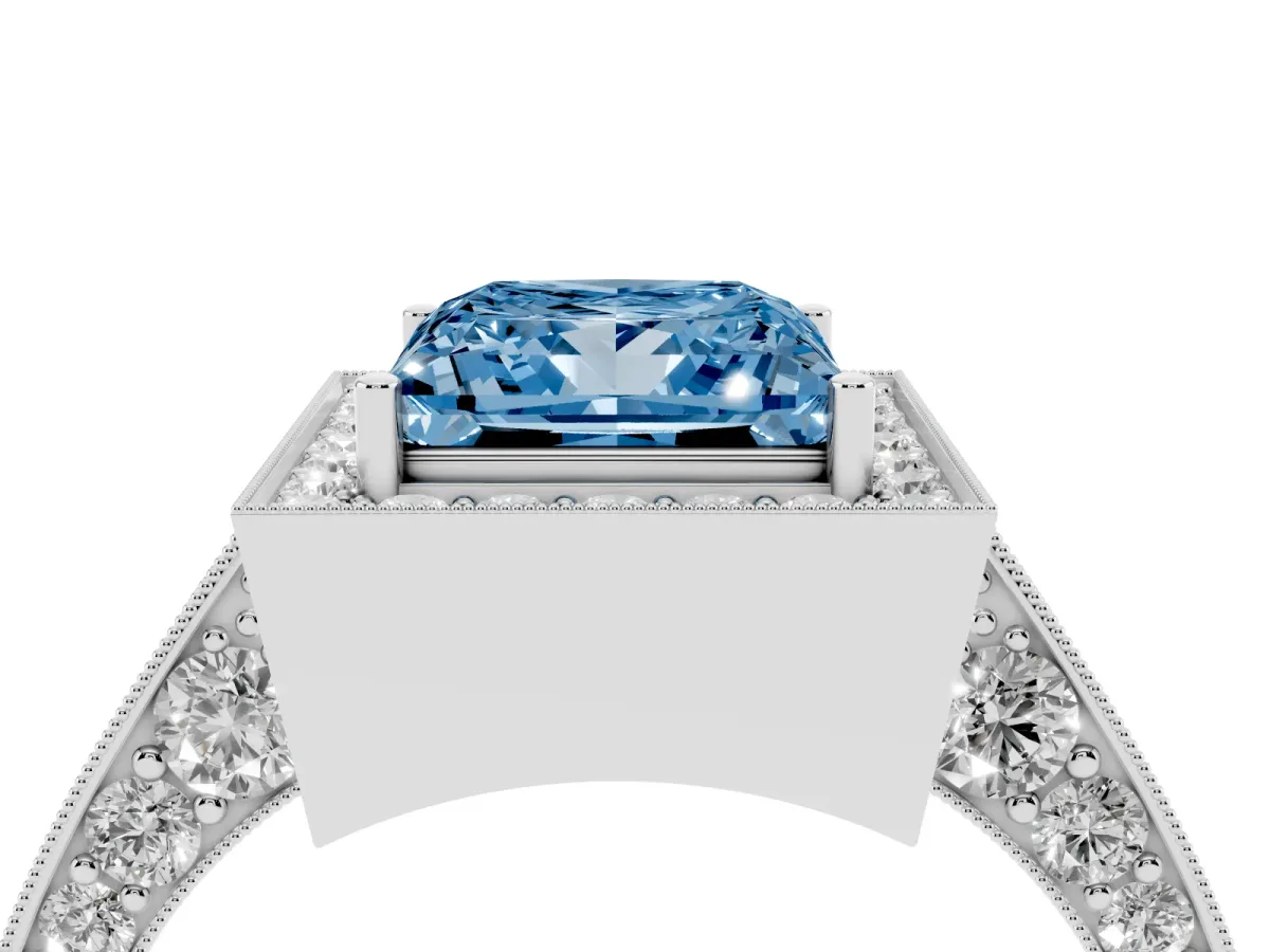 Fancy Blue Princess Cut Halo Diamond Engagement Ring with Split Shank Band and Four-Prong Setting Silver