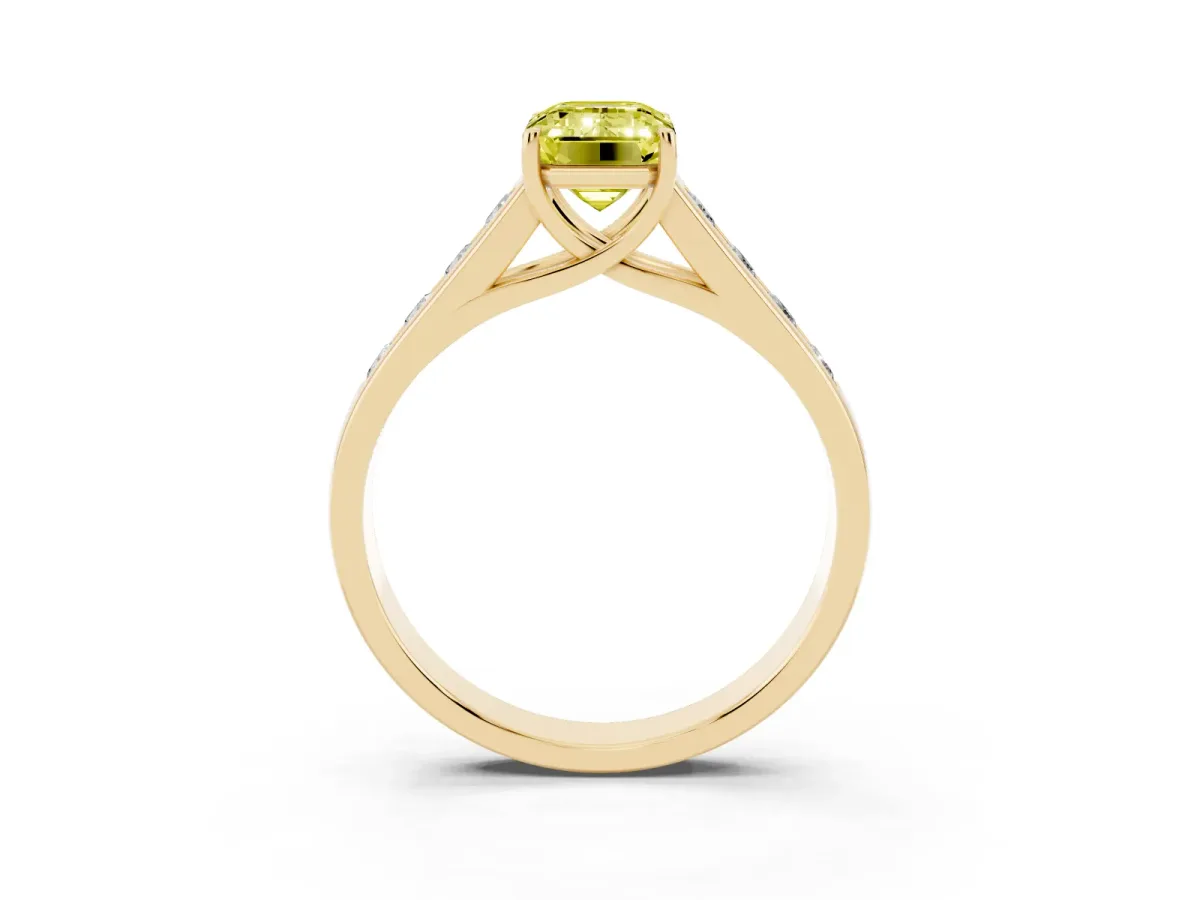 Fancy Yellow Emerald Cut Brilliant Channel-Set Solitaire Ring with Four-Prong Setting Yellow gold