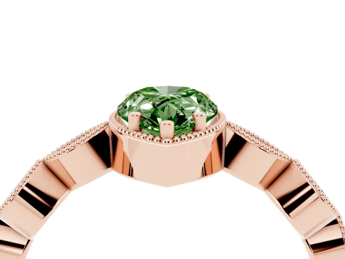 Fancy Green Pear Cut Diamond Vintage Milgrain Ring with Round Stations Rose gold