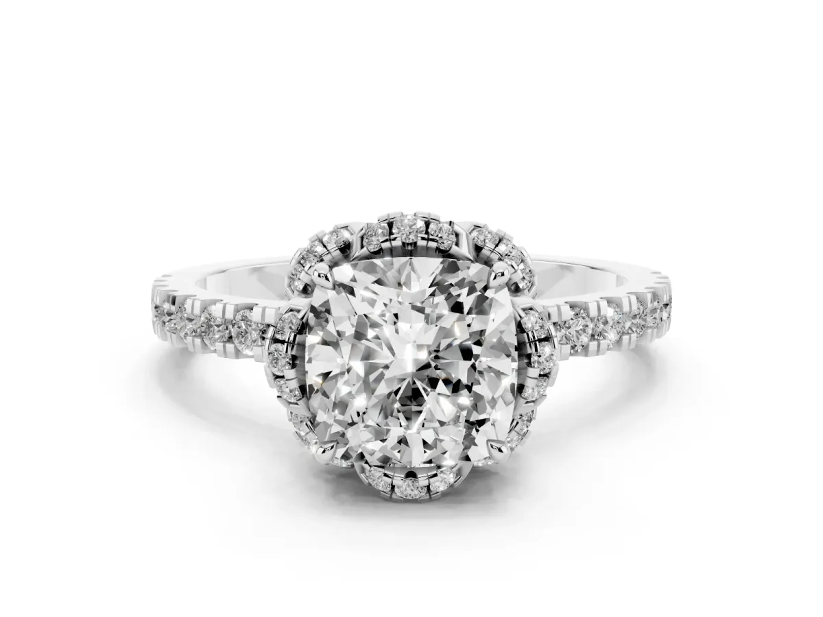 Cushion Cut Halo Diamond Pave Band Ring with Four-Prong Setting Silver