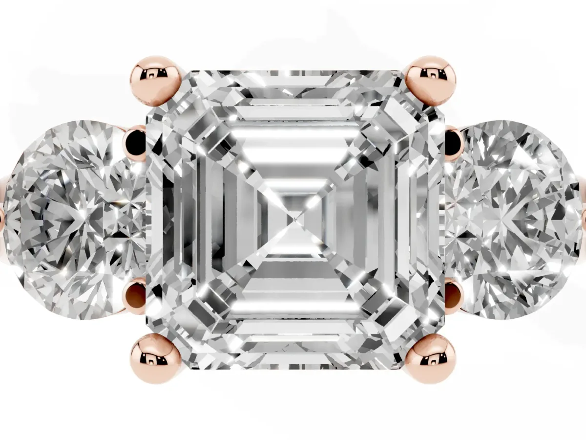 Three-Stone Asscher Cut Brilliant Cut Solitaire Ring with Prong Setting on a Classic Band Rose gold