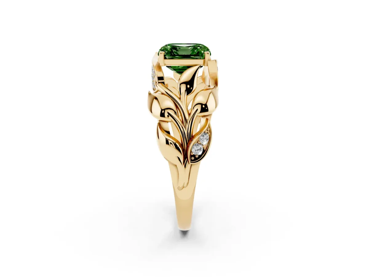 Fancy Green Asscher Cut Diamond Leaf-Inspired Engagement Ring with Round Accents and Prong Setting Yellow gold