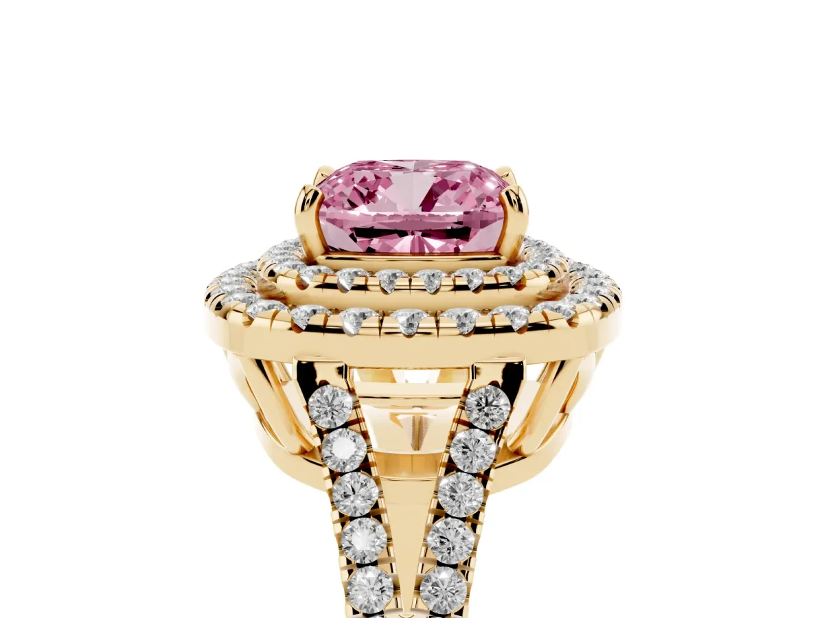 Fancy Pink Cushion Cut Diamond Double Halo Ring with Pavé Band and Prong Setting Yellow gold