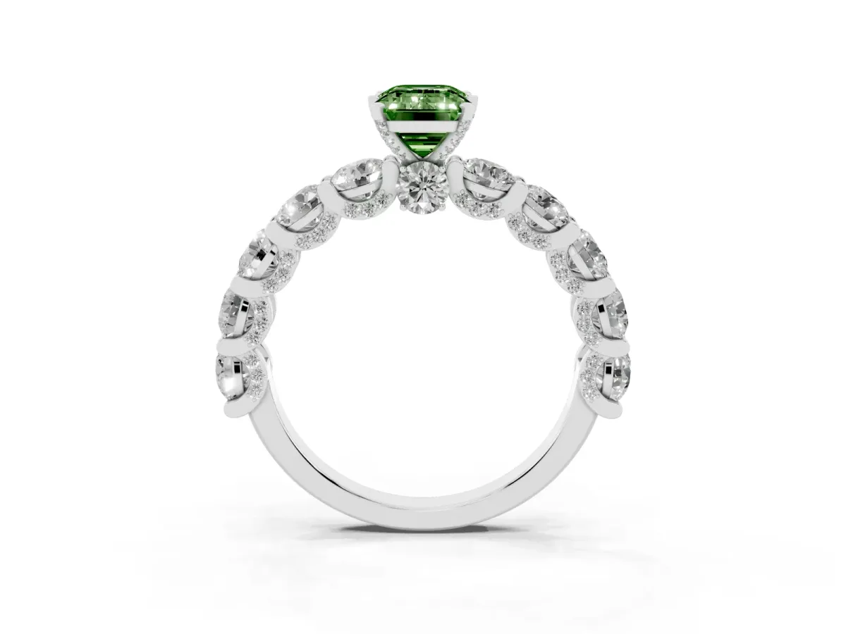 Fancy Green Emerald Cut Diamond Side Stone Engagement Ring with Four-Prong Setting Silver