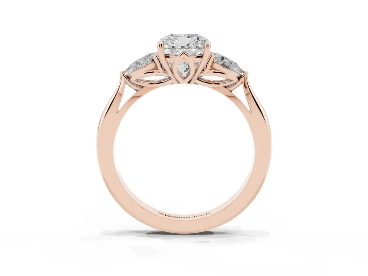 Cushion Cut Diamond Three-Stone Ring with Pear Side Stones and Prong Setting Rose gold