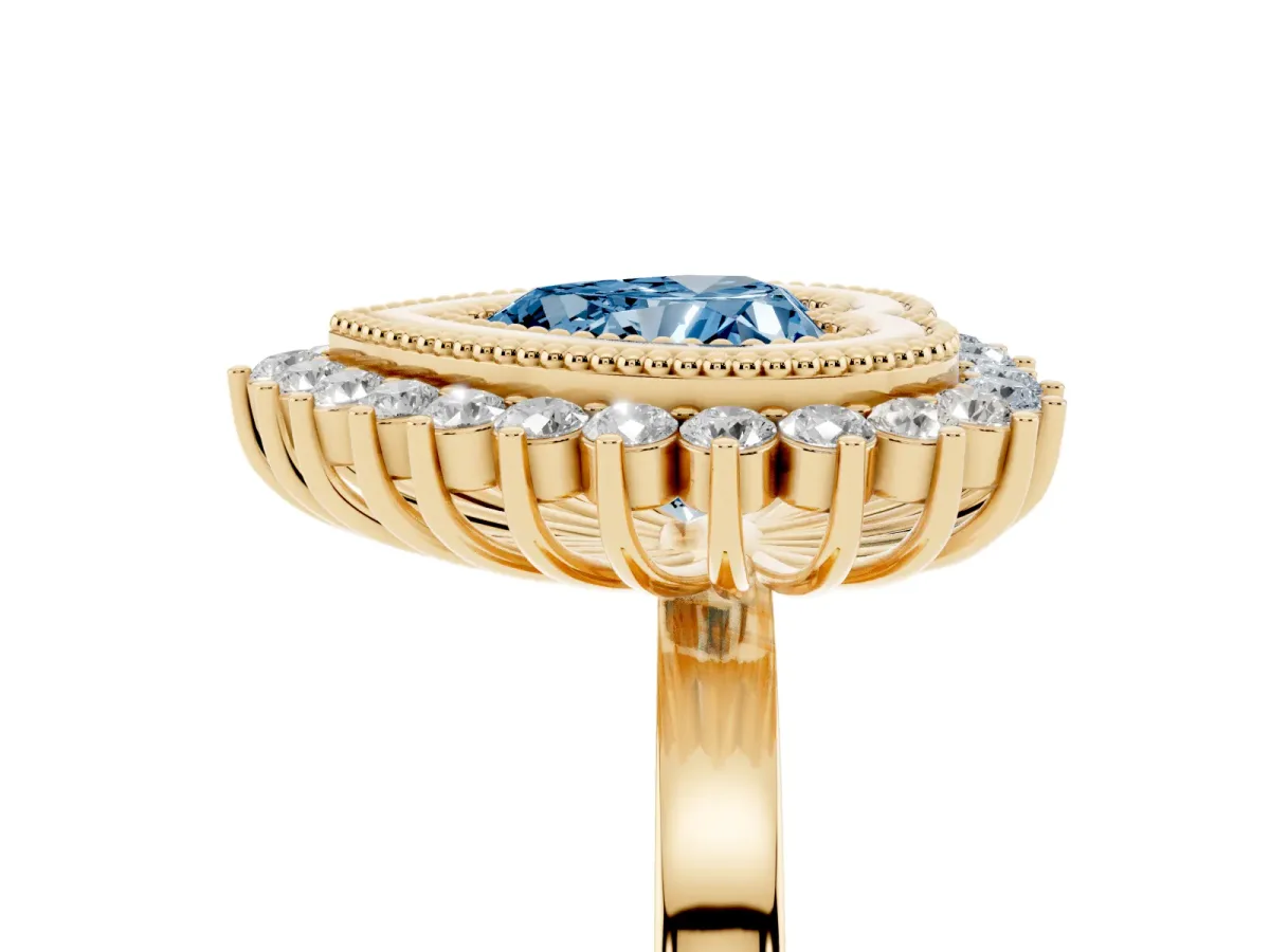Fancy Blue Heart Cut Halo Diamond Ring with Milgrain Edge and Round Prong Setting Yellow gold