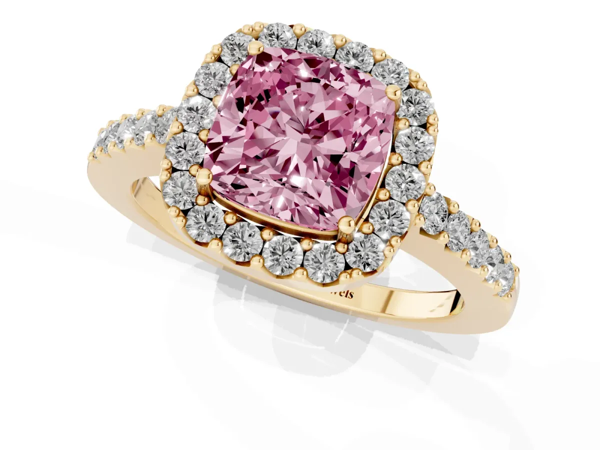 Fancy Pink Cushion Cut Halo Diamond Pavé Solitaire Ring Yellow gold