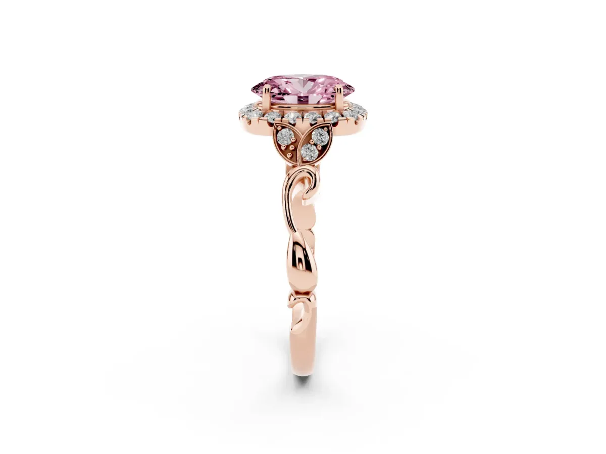 Fancy Pink Oval Cut Halo Diamond Engagement Ring with Vintage-Inspired Band and Four-Prong Setting Rose gold