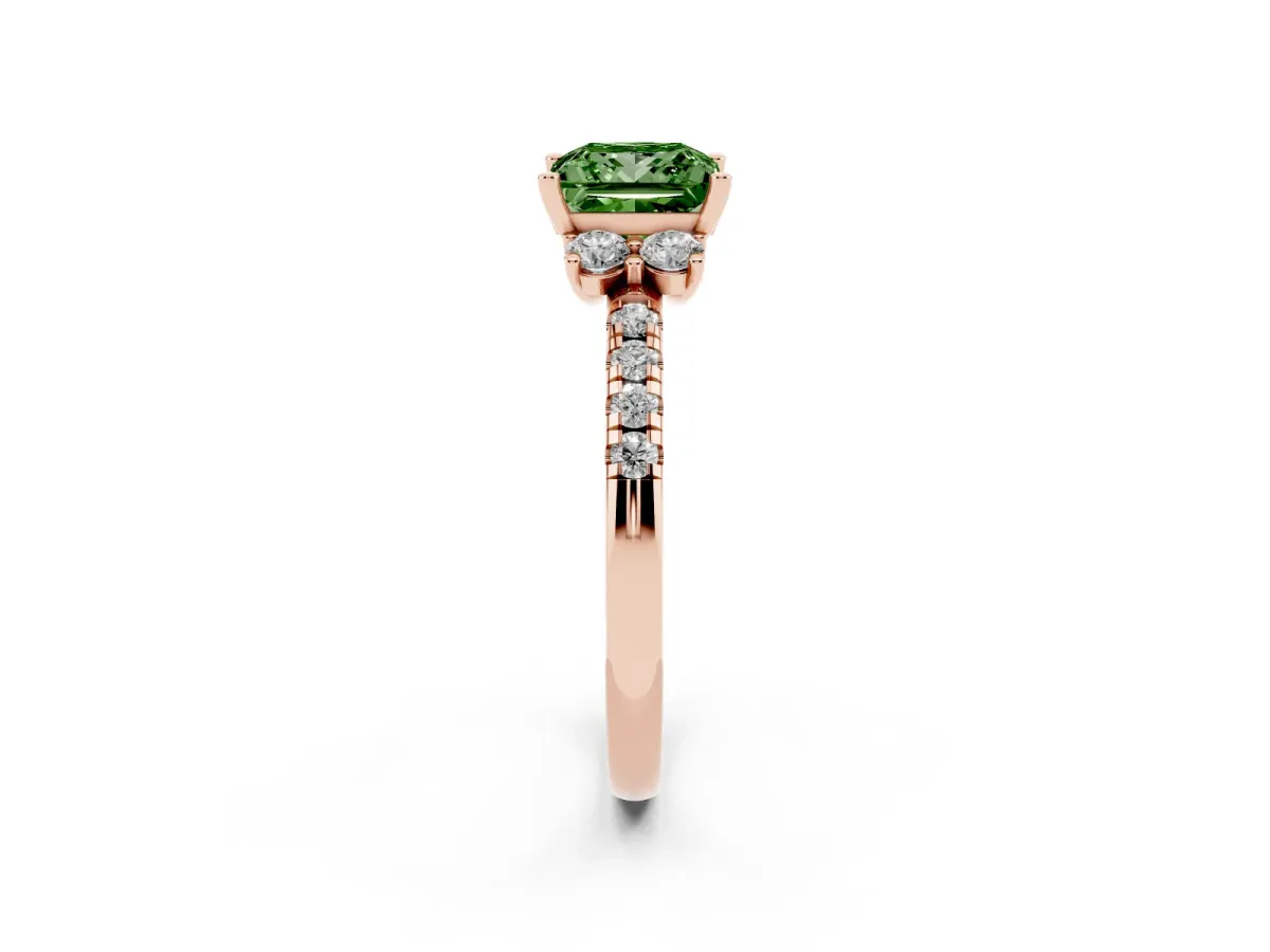 Fancy Green Princess Cut Diamond Three-Stone Pave Band with Four-Prong Setting Rose gold
