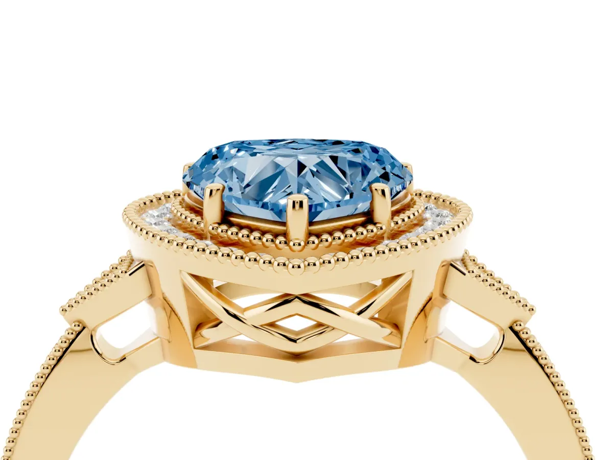 Fancy Blue Heart Cut Halo Round Diamond Milgrain Pave Engagement Ring Yellow gold