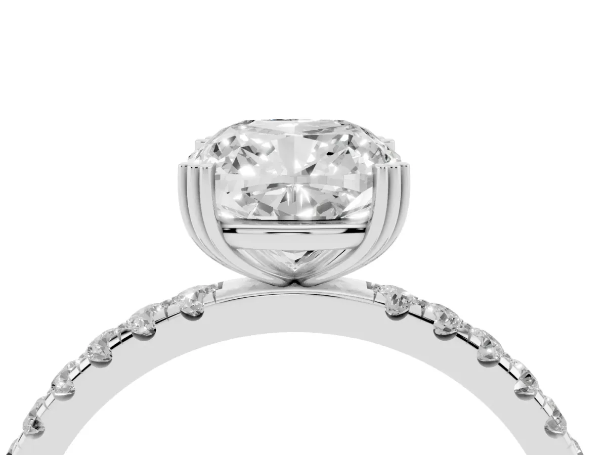 Cushion Cut Brilliant Solitaire with Pavé Band and Claw Prong Setting White gold