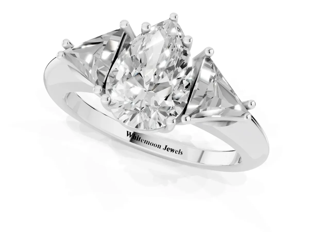 Three-Stone Pear Cut Diamond Engagement Ring with Trillion Side Stones and Prong Setting Silver