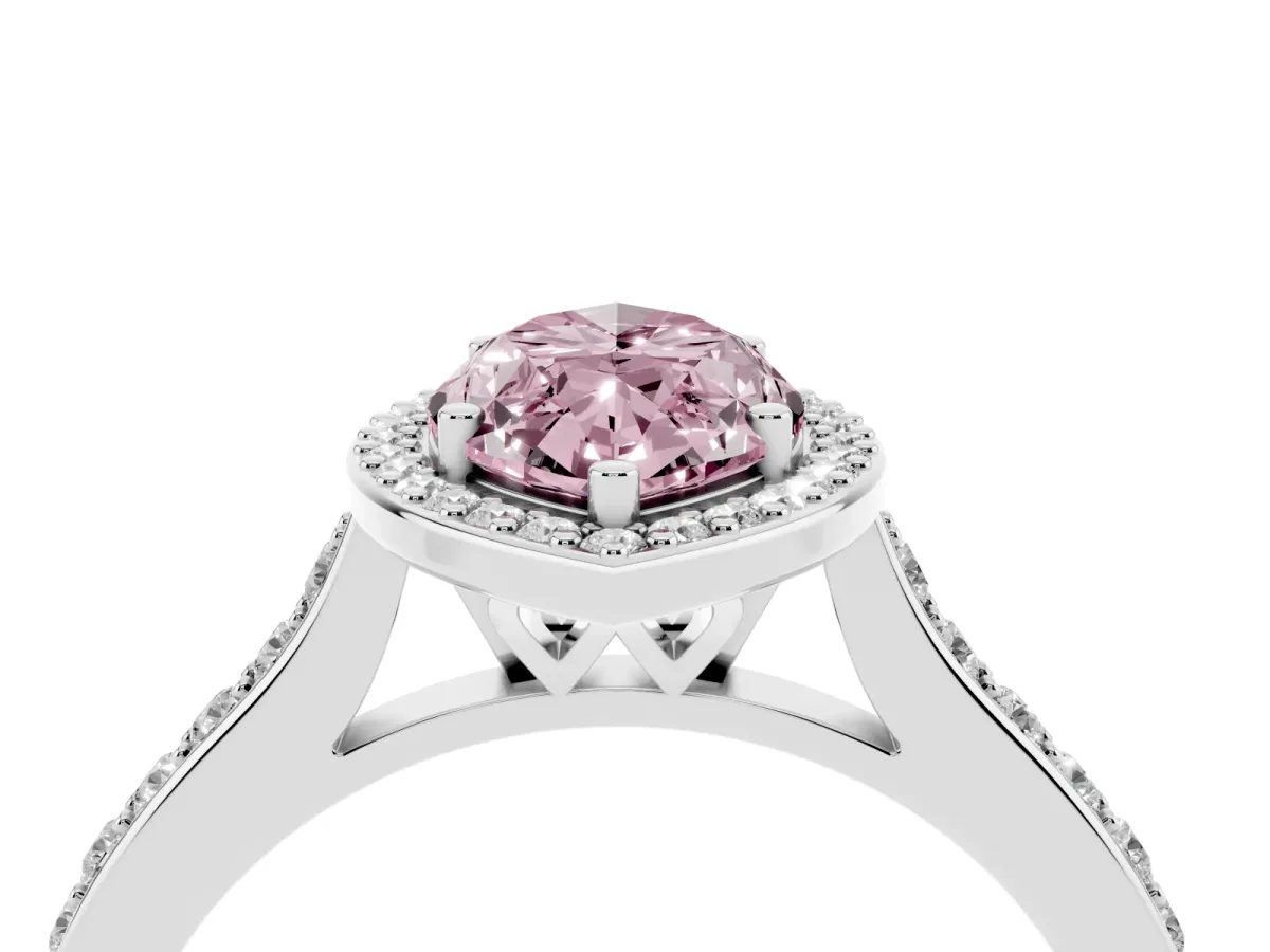 Fancy Pink Marquise Cut Diamond Halo Engagement Ring with Round Pavé Shoulders and Prong Setting Silver