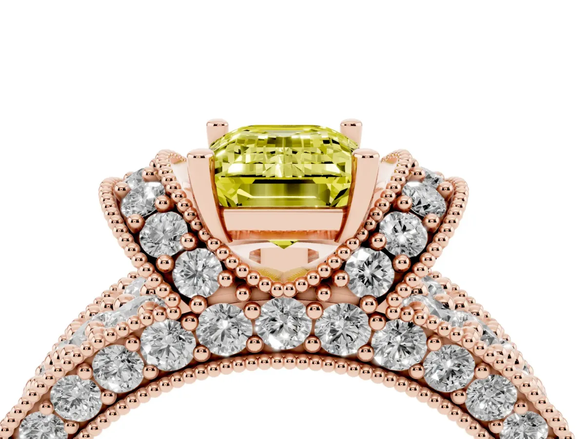 Fancy Yellow Emerald Cut Halo Pave Diamond Engagement Ring with Milgrain Detailing Rose gold