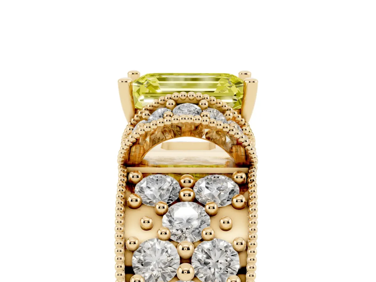 Fancy Yellow Emerald Cut Halo Pave Diamond Engagement Ring with Milgrain Detailing Yellow gold