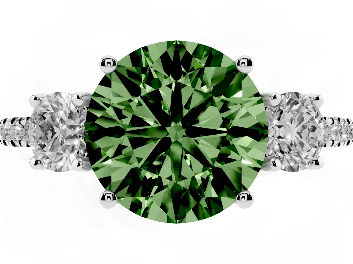 Fancy Green Three-Stone Round Cut Cut Diamond Pavé Band with Prong Setting Platinum