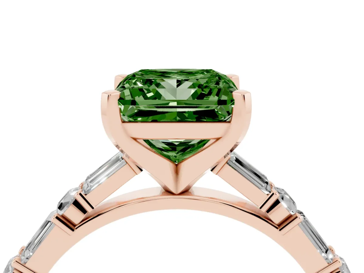 Fancy Green Princess Cut Diamond Solitaire with Side Baguettes and Channel Set Band Rose gold