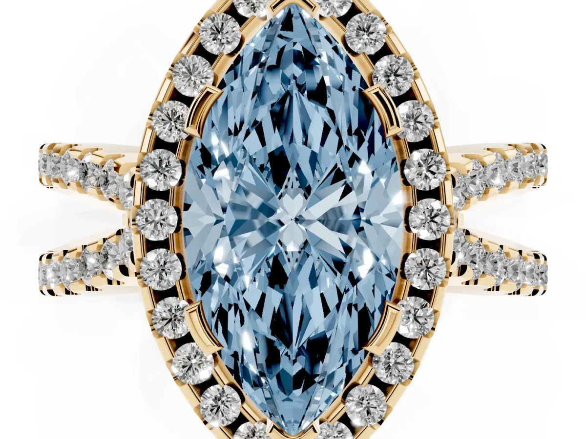 Fancy Blue Marquise Cut Diamond Halo Ring with Split Shank Pavé Band and Prong Setting Yellow gold