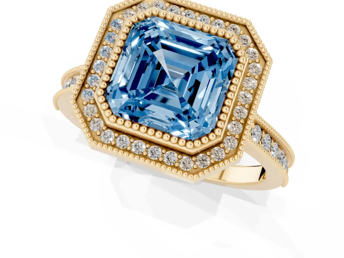 Fancy Blue Halo Asscher Cut-Cut Diamond Pave Band Milgrain Prong Setting Ring Yellow gold