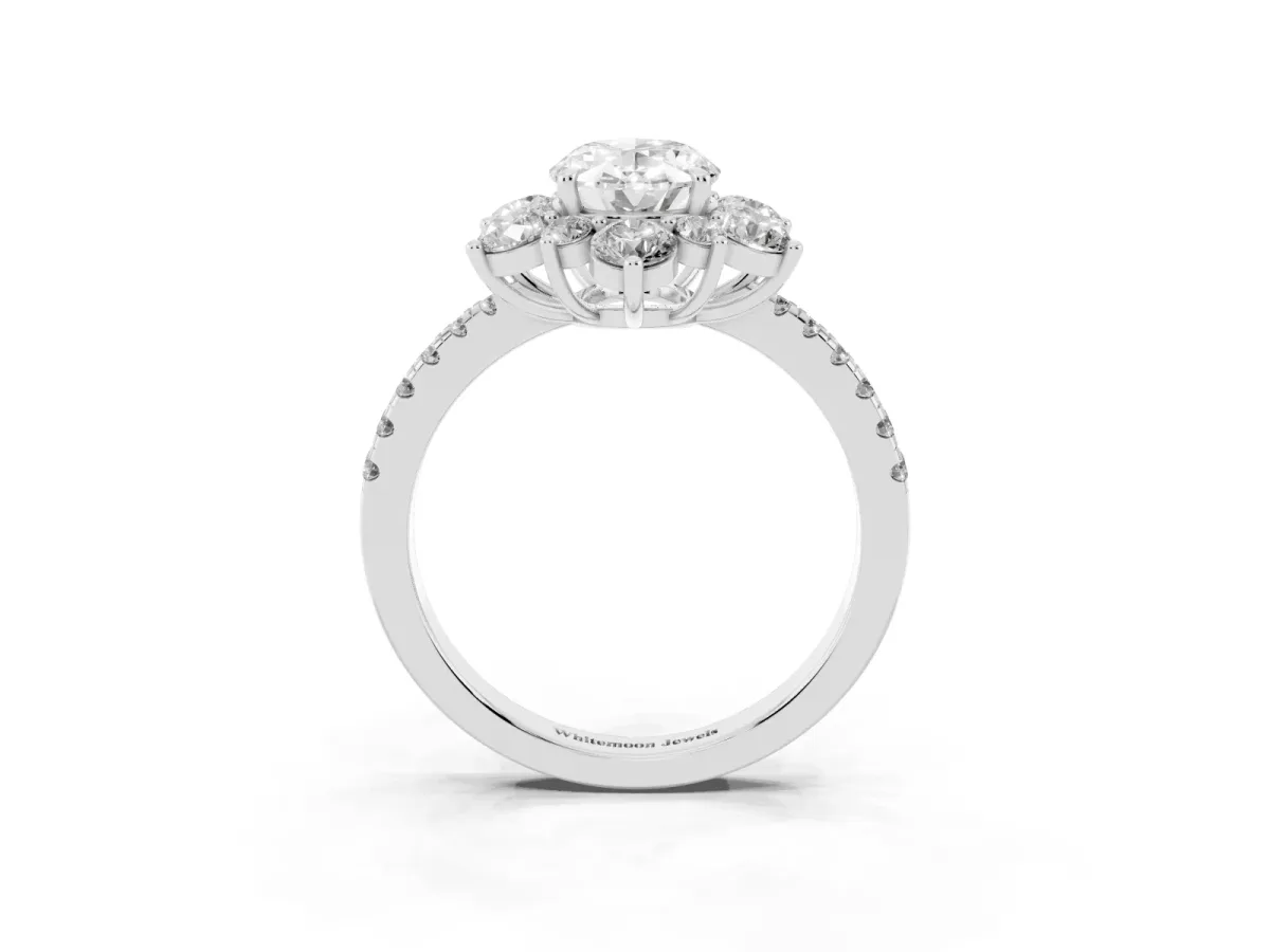 Oval Cut Diamond Floral Halo Ring with Round Pavé Band and Prong Setting White gold