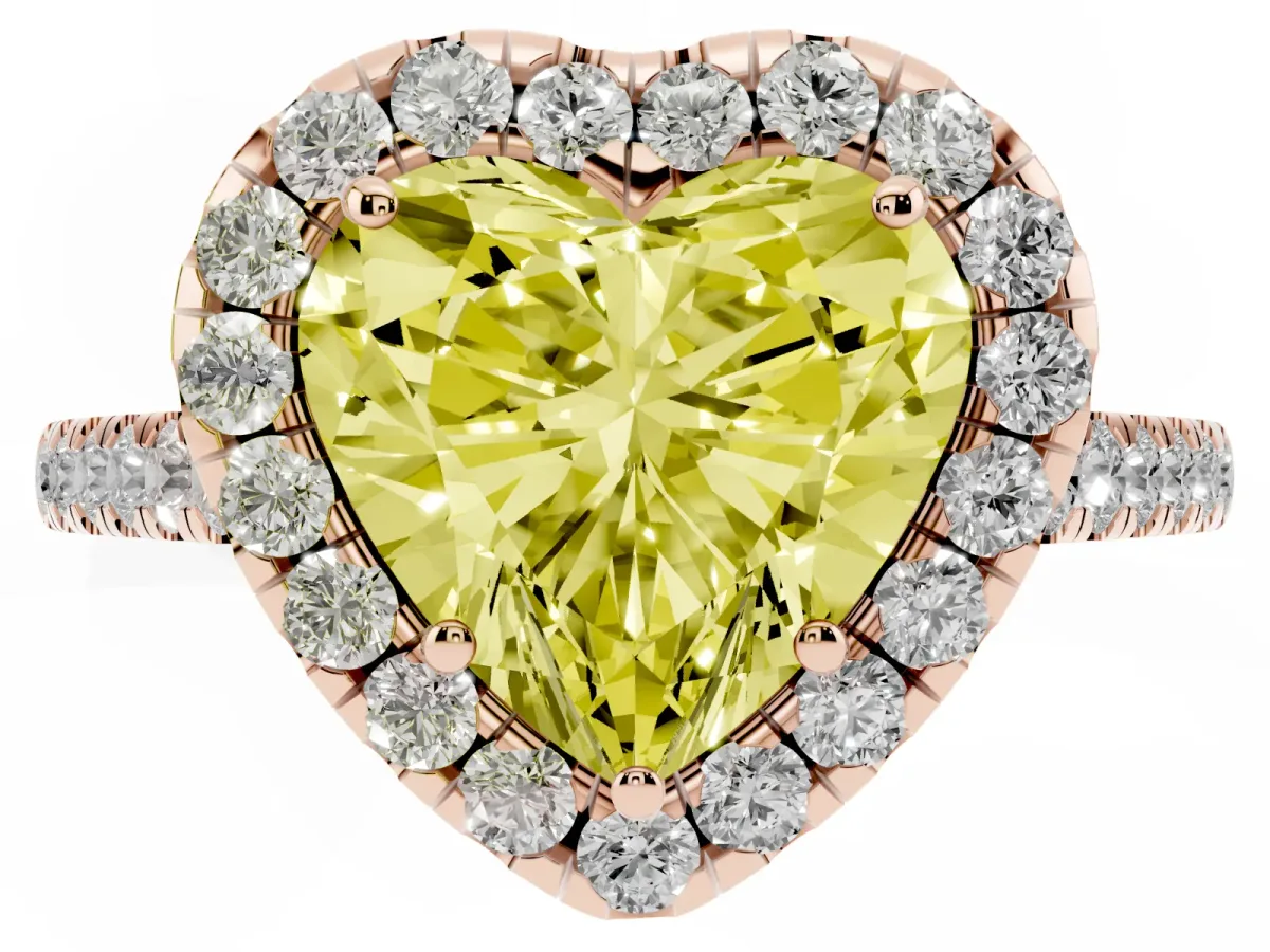 Fancy Yellow Heart Cut Halo Pave Diamond Engagement Ring with Four-Prong Setting Rose gold