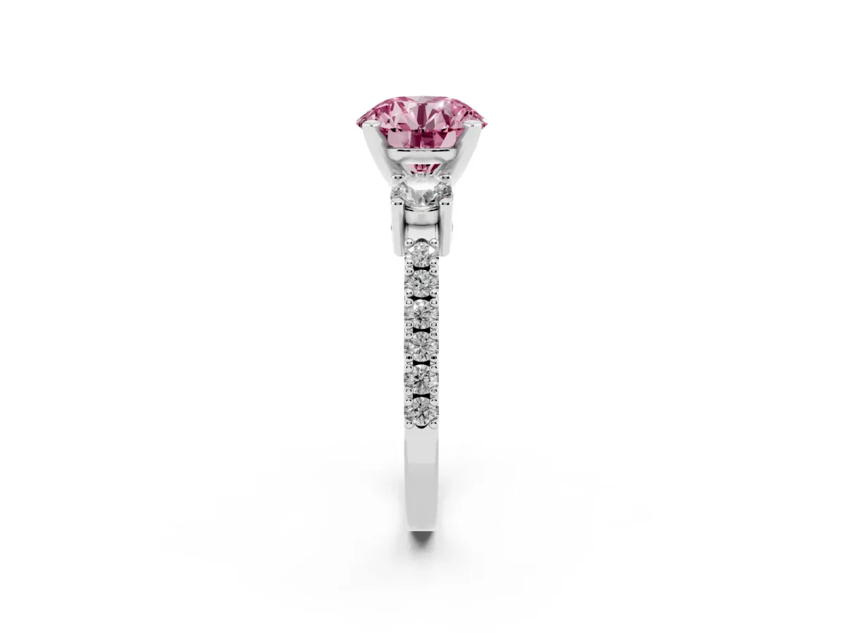 Fancy Pink Round Cut Three-Stone Diamond Pavé Band with Prong Setting Silver