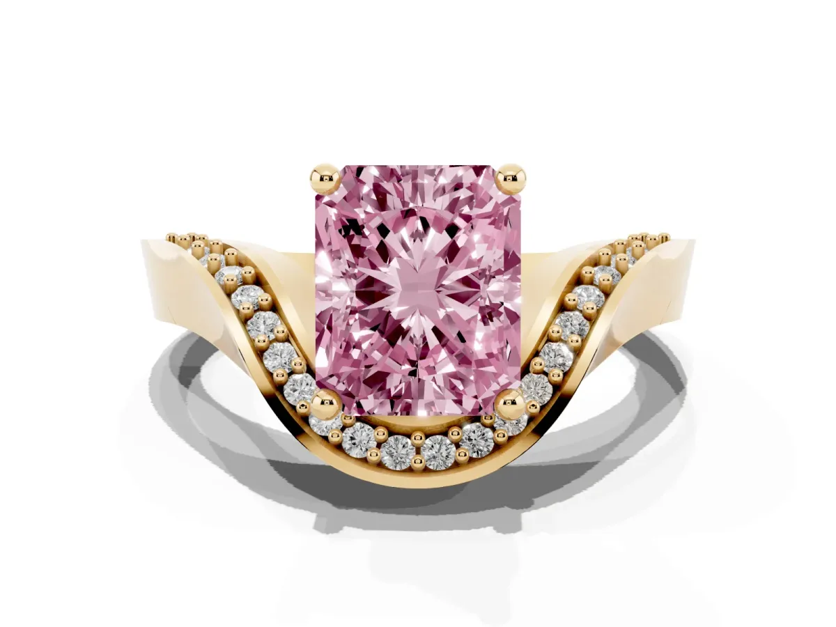 Fancy Pink Radiant Cut Solitaire Diamond Engagement Ring with Pave Band and Four-Prong Setting Yellow gold