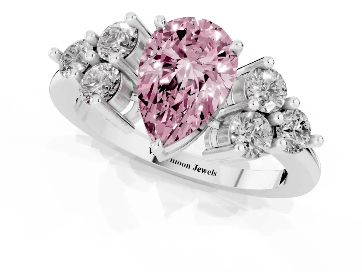 Fancy Pink Pear Cut Brilliant Diamond Cluster Accent Solitaire Ring with Prong Setting White gold