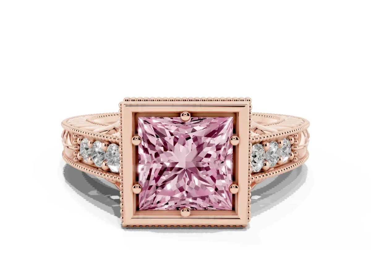 Fancy Pink Bezel Set Princess Cut Diamond Milgrain Pave Engagement Ring Rose gold