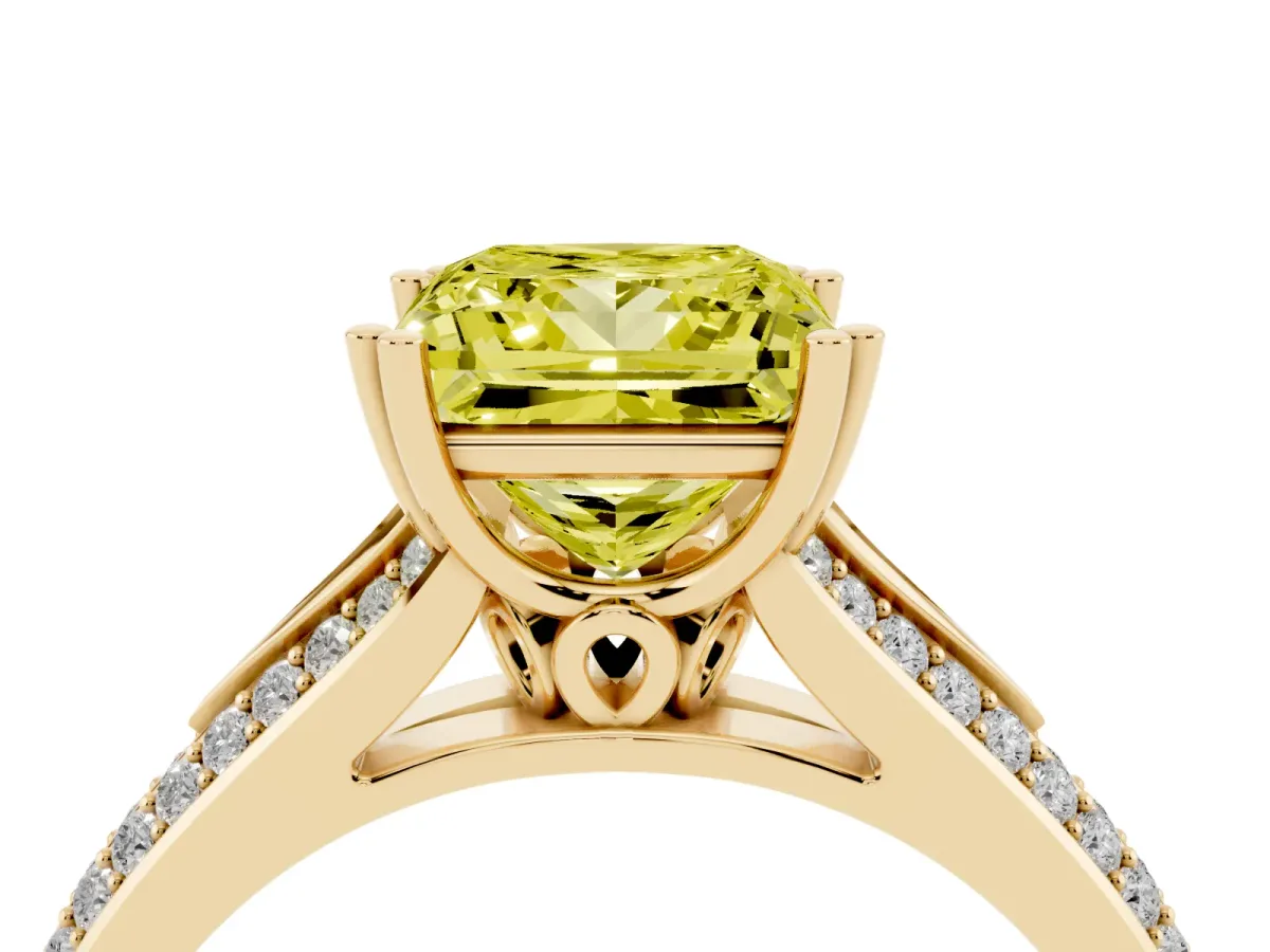 Fancy Yellow Princess Cut Diamond Split Shank Engagement Ring with Pavé Band Yellow gold