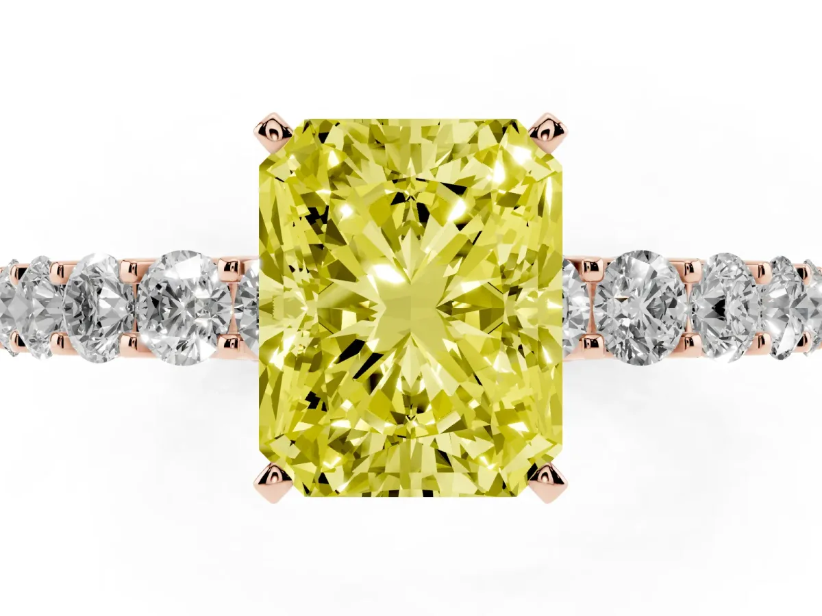 Fancy Yellow Radiant Cut Diamond Solitaire Ring with Shared Prong Pavé Band and Four-Prong Setting Rose gold