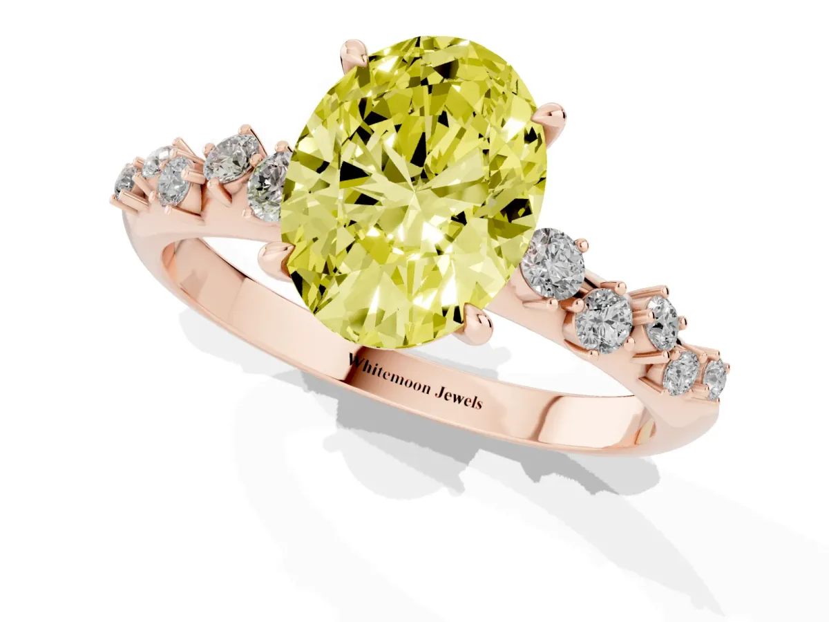 Fancy Yellow Oval Cut Diamond Cluster Side Stone Solitaire Ring with Prong Setting Rose gold