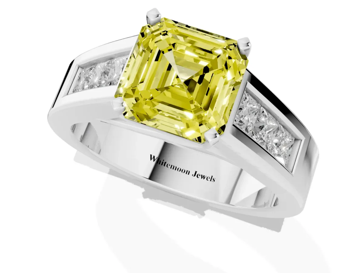 Fancy Yellow Asscher Cut Cut Channel Set Solitaire Ring with Four-Prong Setting White gold