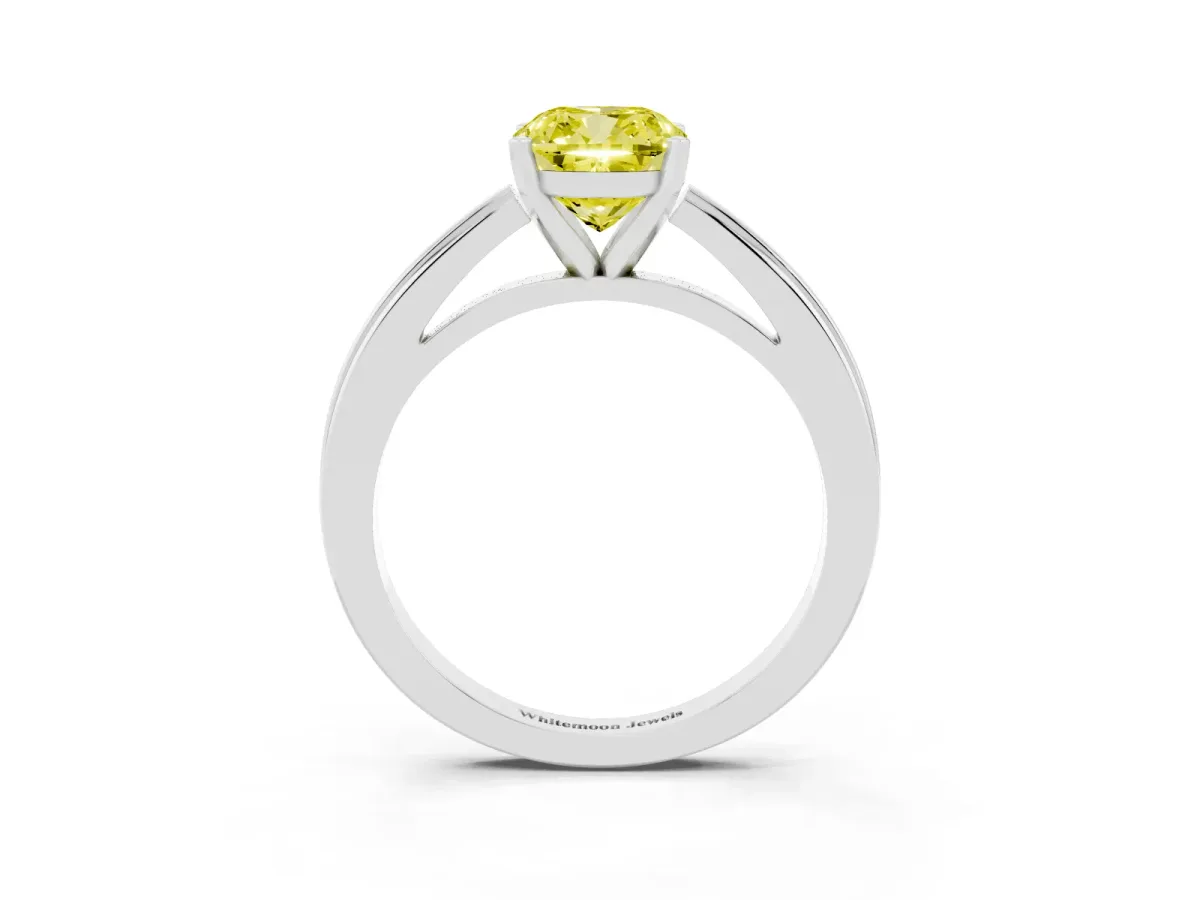 Fancy Yellow Cushion Cut Solitaire Diamond Ring with Four-Prong Setting and Classic Band Silver