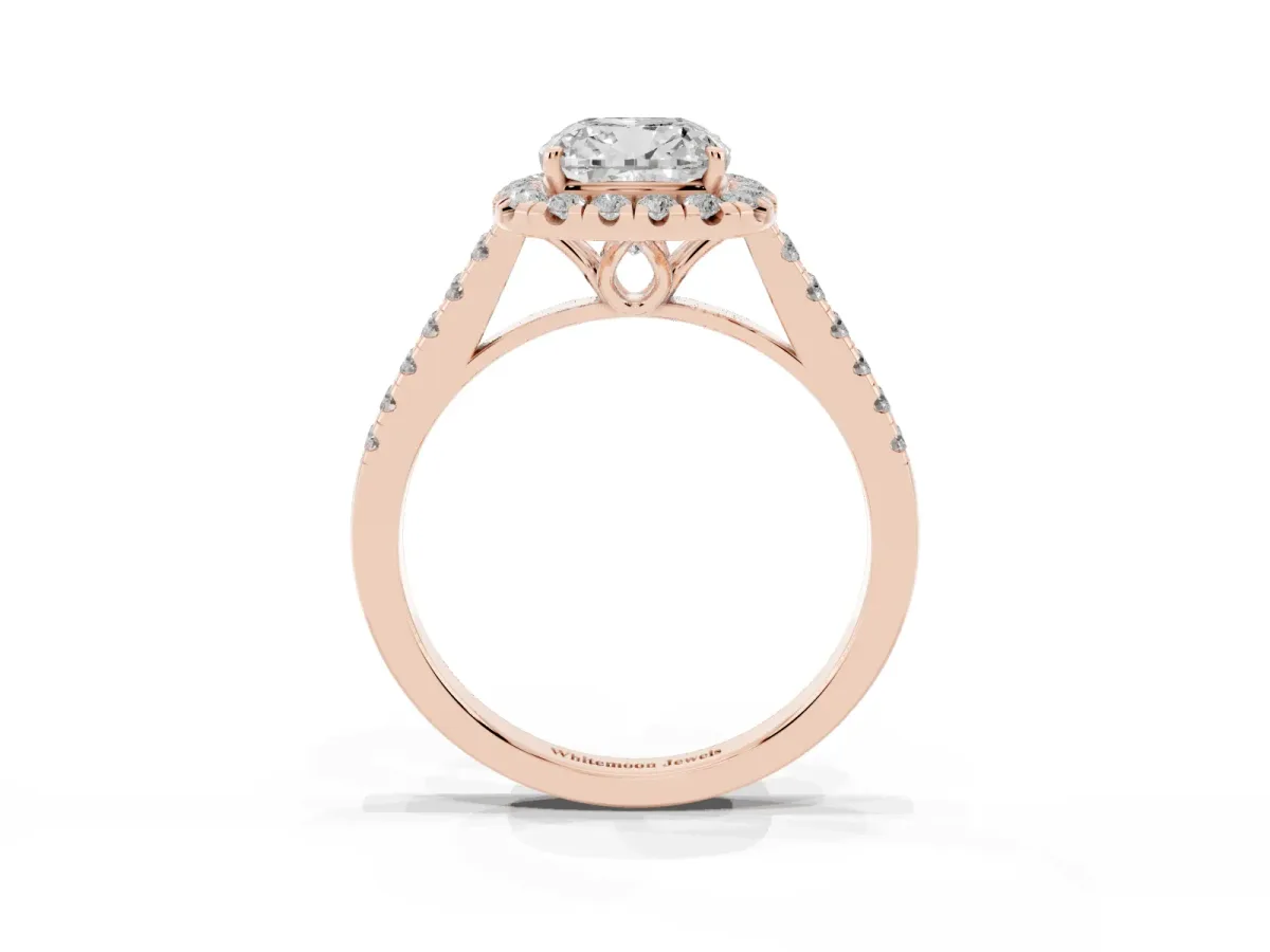 Cushion Cut Halo Pavé Diamond Engagement Ring with Four-Prong Setting Rose gold