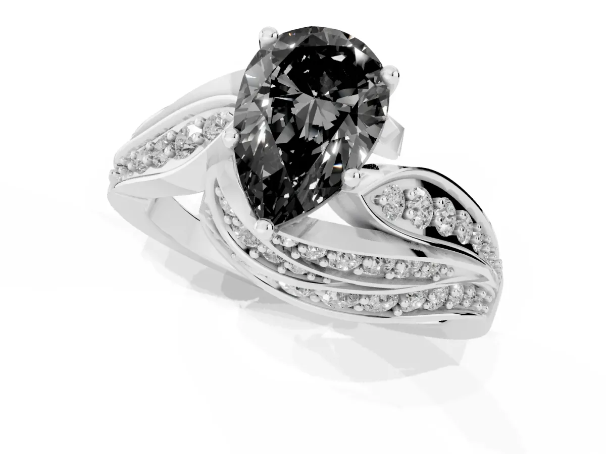 Fancy Black Pear Cut Diamond Solitaire Ring with Prong Setting and Twisted Pavé Band Silver