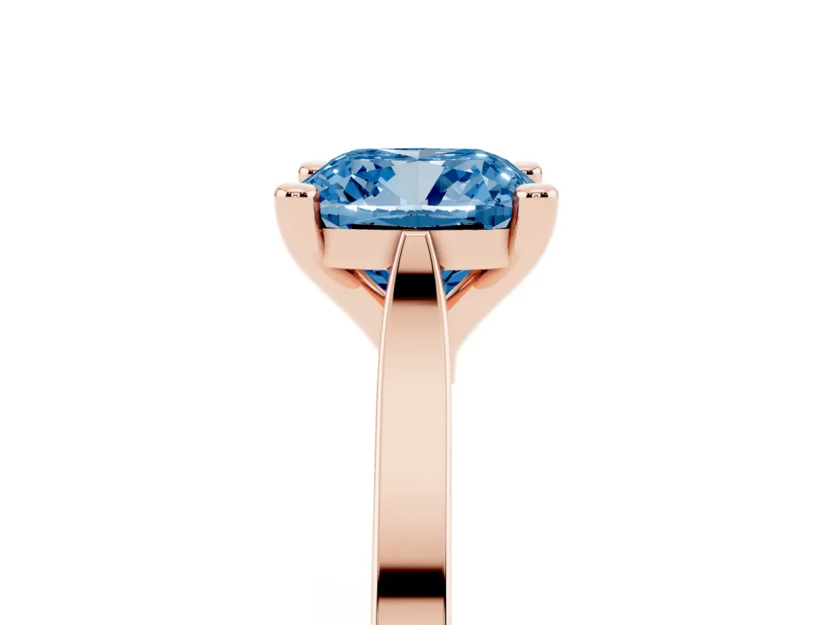 Fancy Blue Cushion Cut Solitaire Diamond Ring with Four-Prong Setting and Tapered Band Rose gold