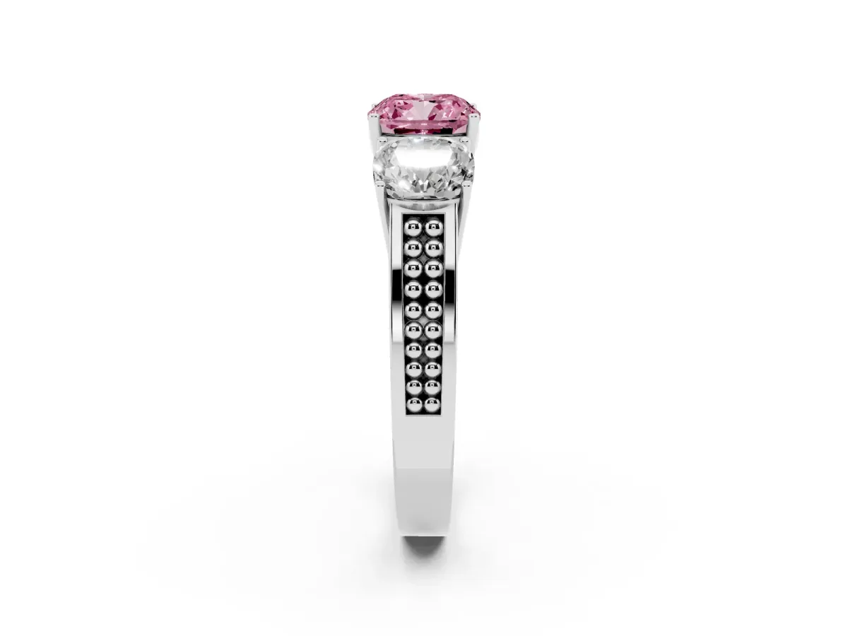 Fancy Pink Cushion Cut Diamond Three-Stone Ring with Prong Setting and Textured Band Silver