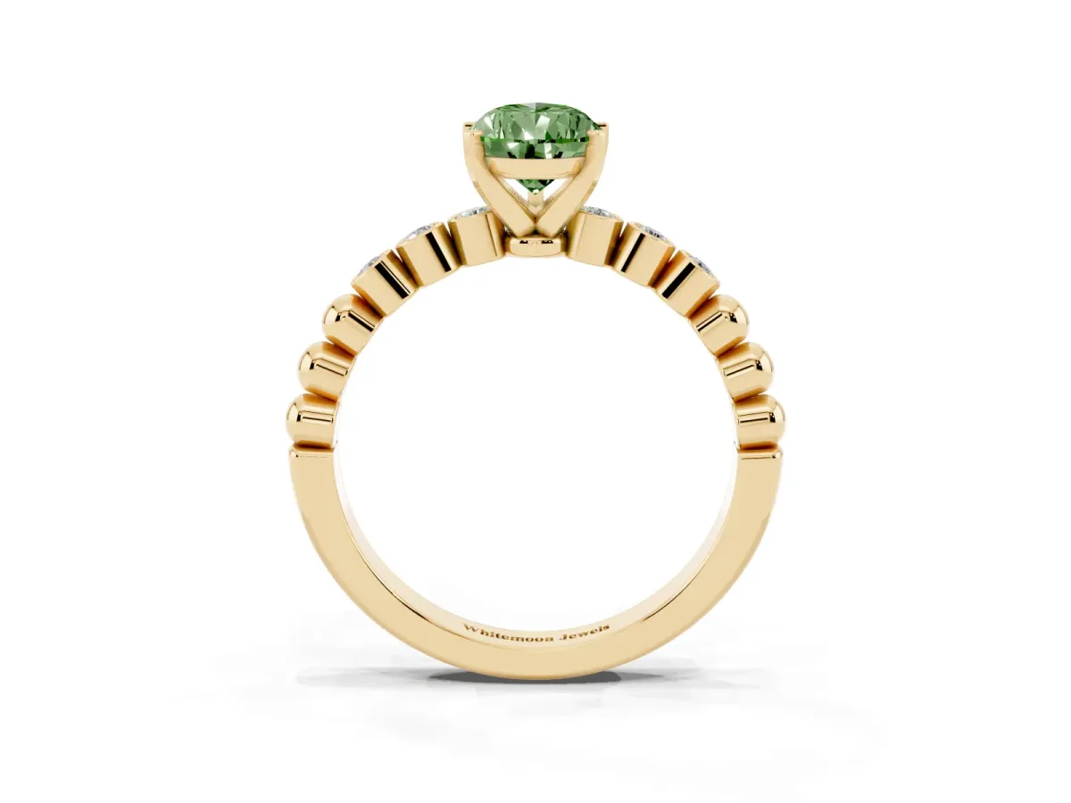 Fancy Green Pear Cut Solitaire Bezel Accent Diamond Engagement Ring with Beaded Band and Four-Prong Setting Yellow gold