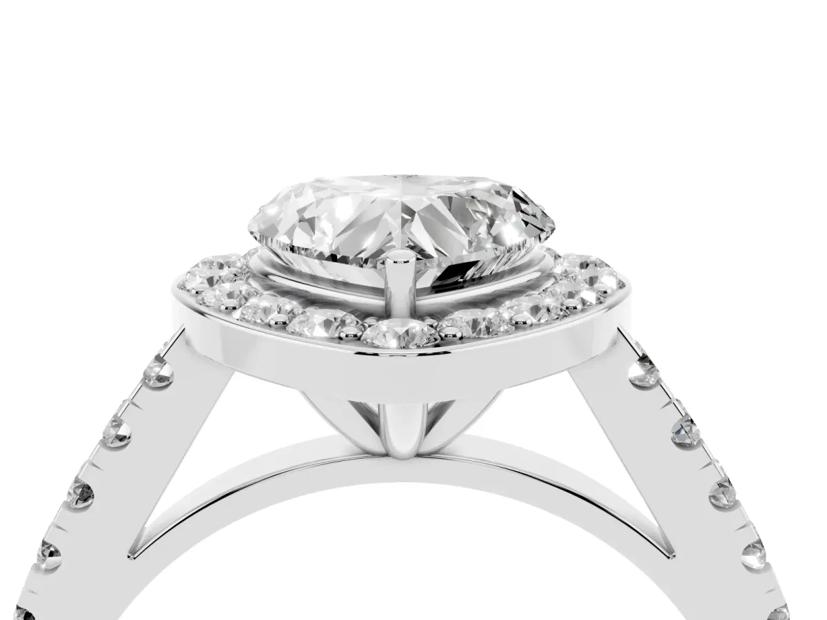 Heart Cut Diamond Halo Ring with Round Pavé Split Shank and Prong Setting Silver