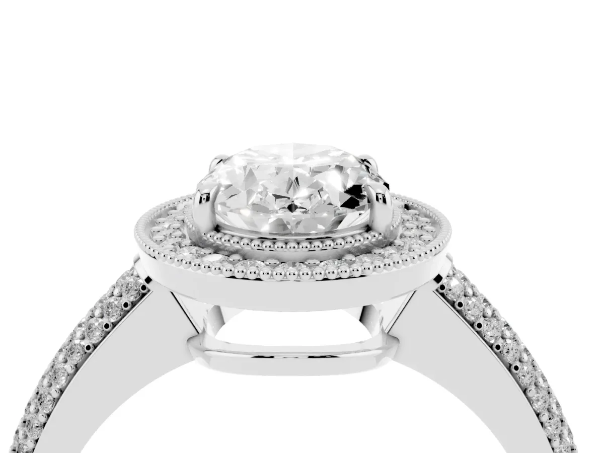 Oval Cut Cut Halo Diamond Pave Band with Four-Prong Setting Silver