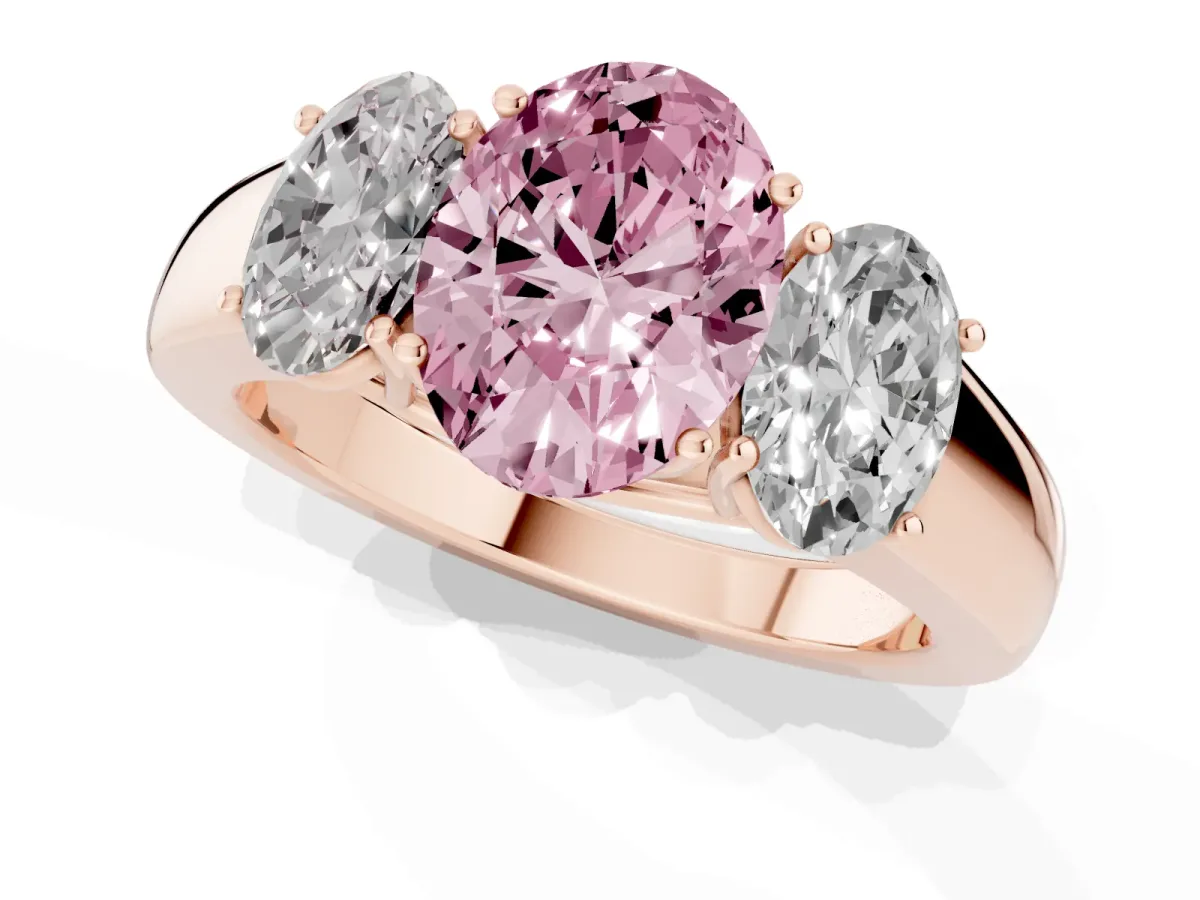 Fancy Pink Three-Stone Oval Cut Cut Diamond Ring with Prong Setting and Classic Band Rose gold