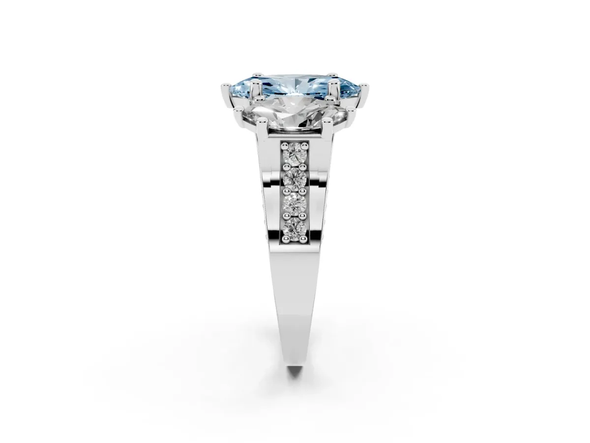 Fancy Blue Marquise Cut Diamond Three-Stone Ring with Channel Set Band and Four-Prong Setting Silver