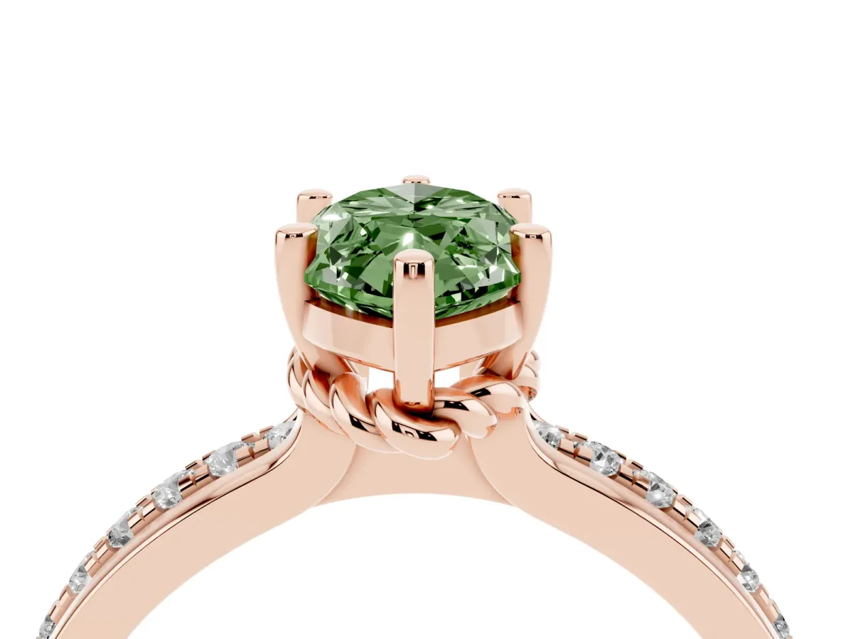 Fancy Green Marquise Cut Solitaire Diamond Ring with Channel Set Band and Six-Prong Setting Rose gold