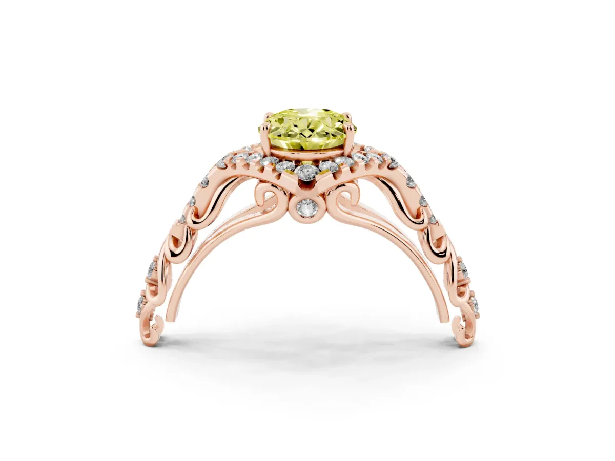 Fancy Yellow Oval Cut Diamond Solitaire Ring with Hidden Halo and Pavé Band Rose gold