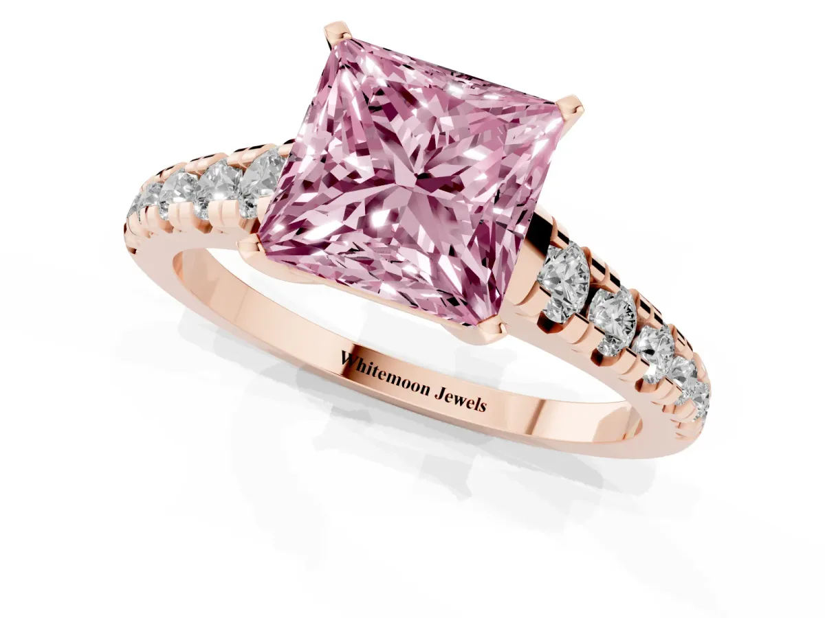 Fancy Pink Princess Cut Diamond Cathedral Solitaire Ring with Round Pavé Band Rose gold