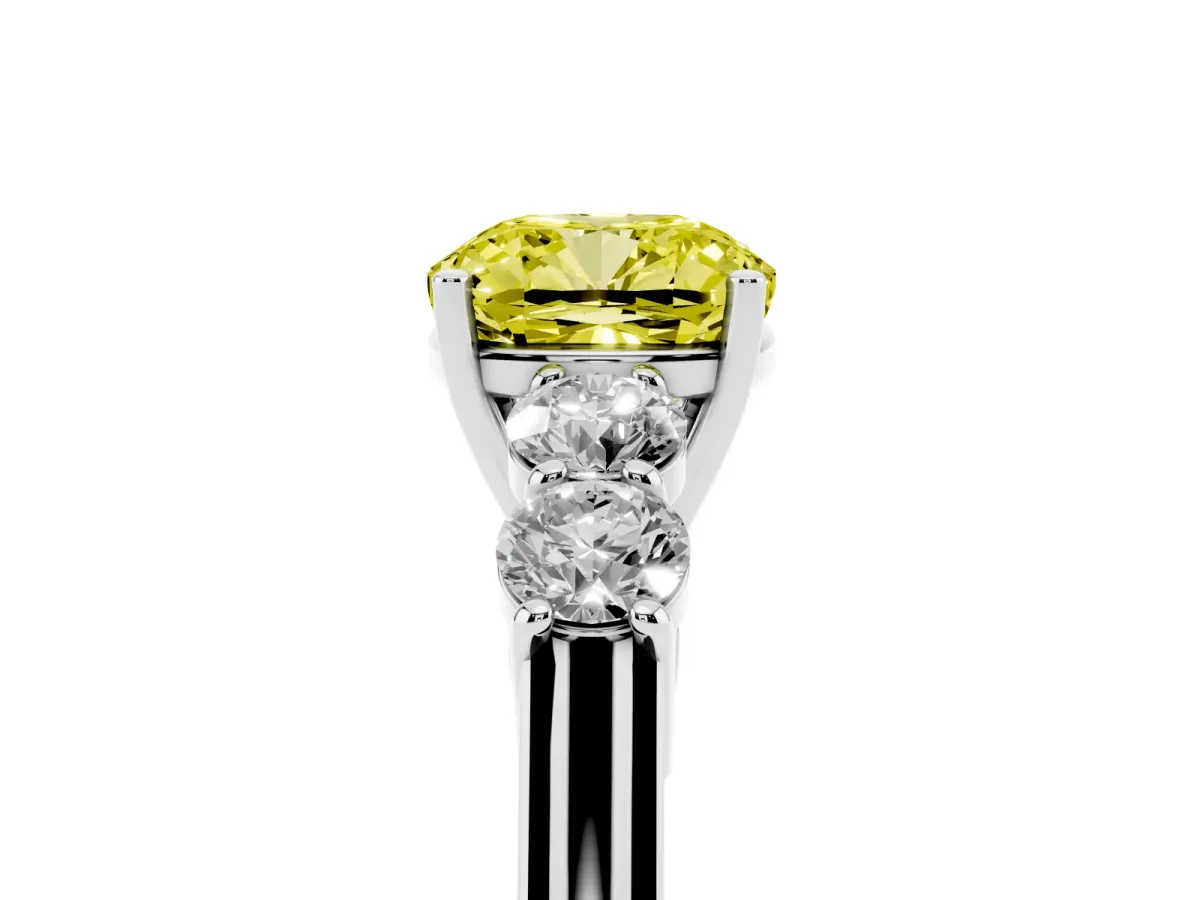 Fancy Yellow Cushion Cut Cut Diamond Five-Stone Prong Set White Gold Ring Silver